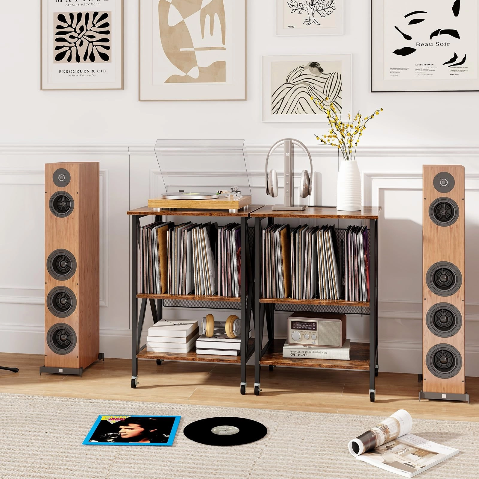 Giantex Record Player Stand with Charging Station, Turntable Stand with Record Storage & 4 Rolling Wheels