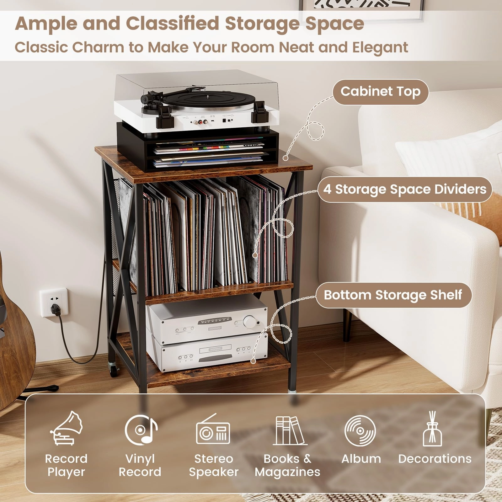 Giantex Record Player Stand with Charging Station, Turntable Stand with Record Storage & 4 Rolling Wheels