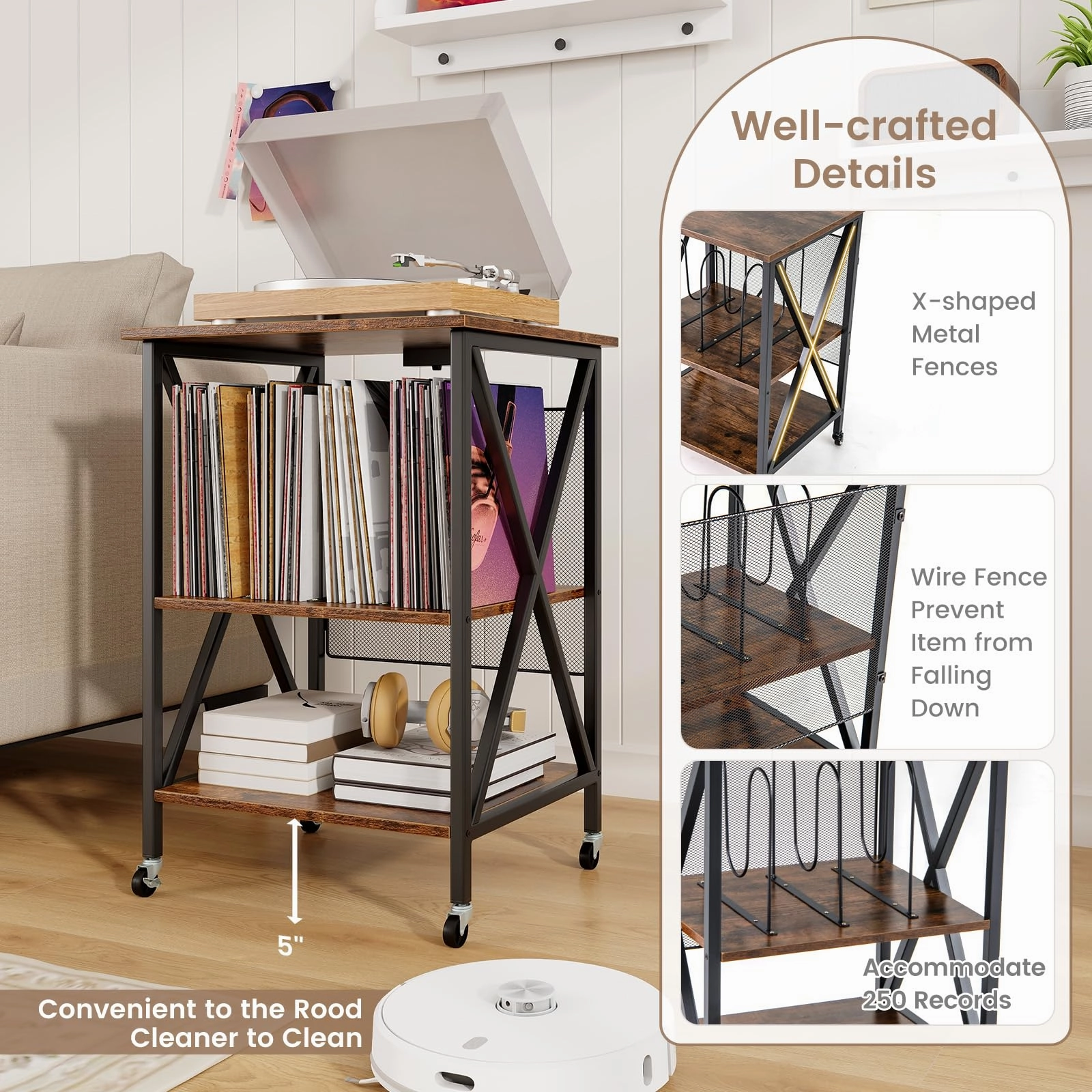 Giantex Record Player Stand with Charging Station, Turntable Stand with Record Storage & 4 Rolling Wheels