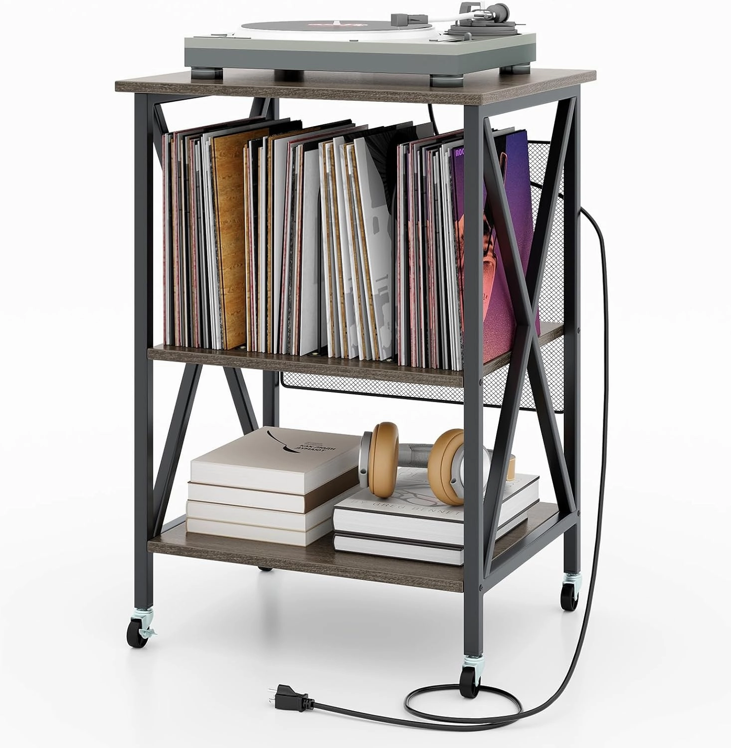 Giantex Record Player Stand with Charging Station, Turntable Stand with Record Storage & 4 Rolling Wheels