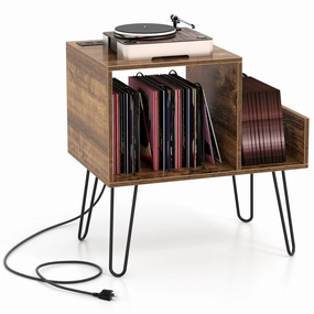 Giantex Record Player Stand with Charging Station, Turntable Stand with Vinyl Divider & Display Shelf entry bench, mudroom storage