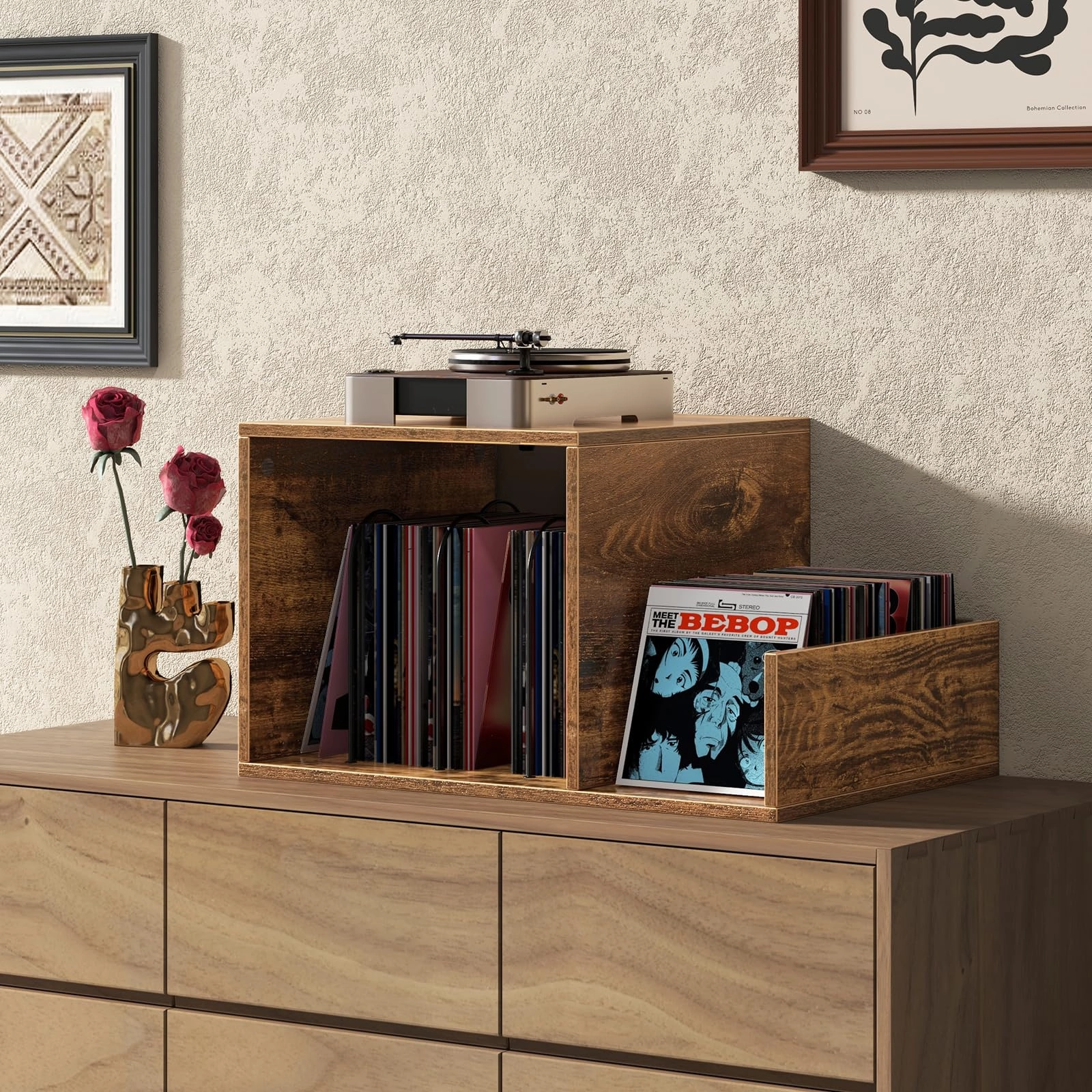 Giantex Record Player Stand with Charging Station, Turntable Stand with Vinyl Divider & Display Shelf