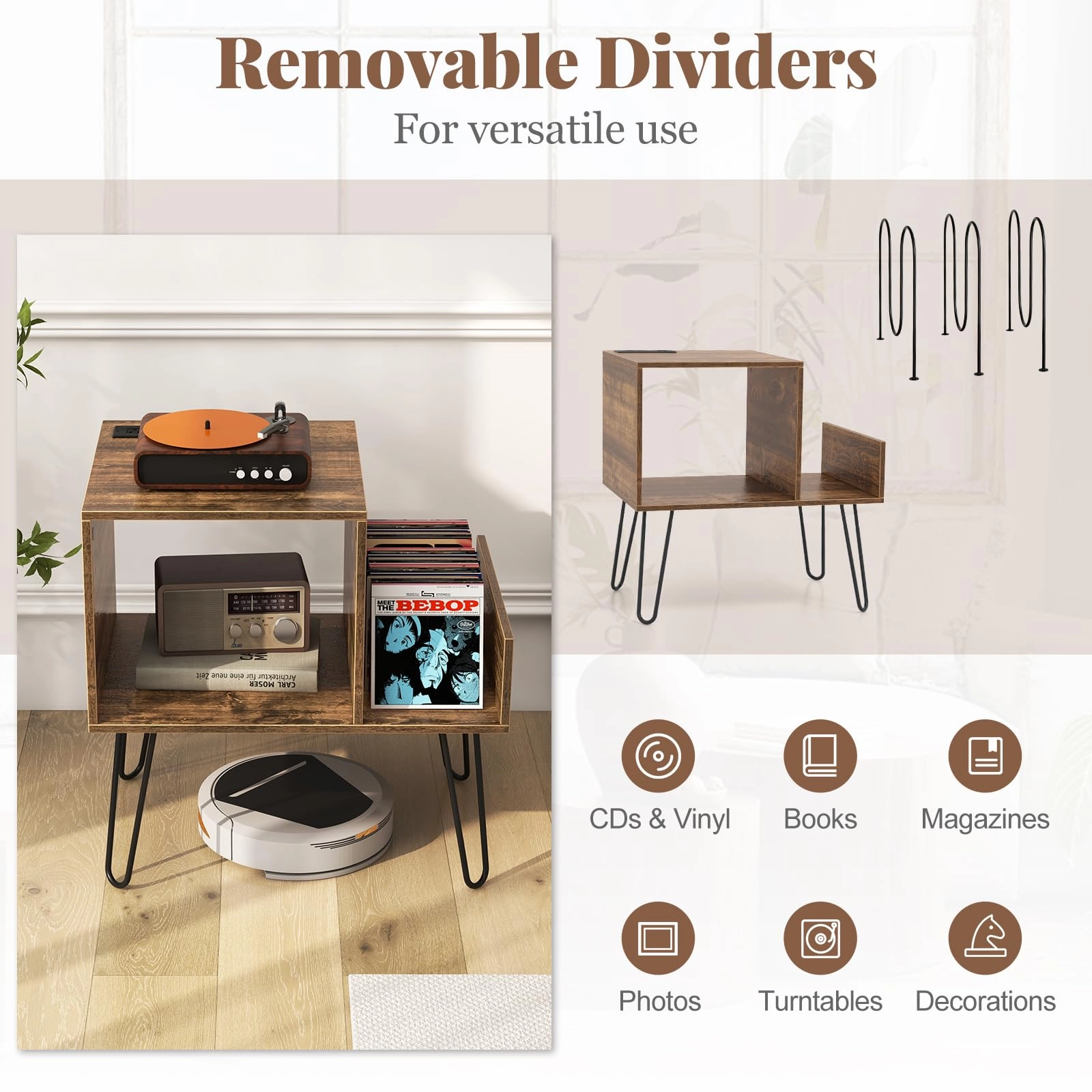Giantex Record Player Stand with Charging Station, Turntable Stand with Vinyl Divider & Display Shelf