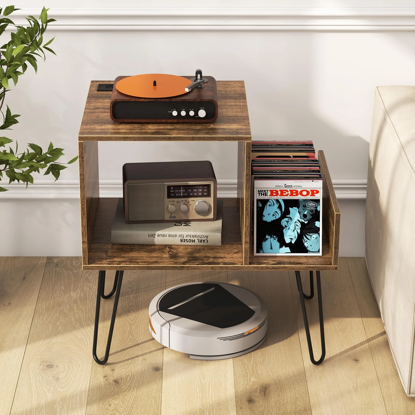 Giantex Record Player Stand with Charging Station, Turntable Stand with Vinyl Divider & Display Shelf