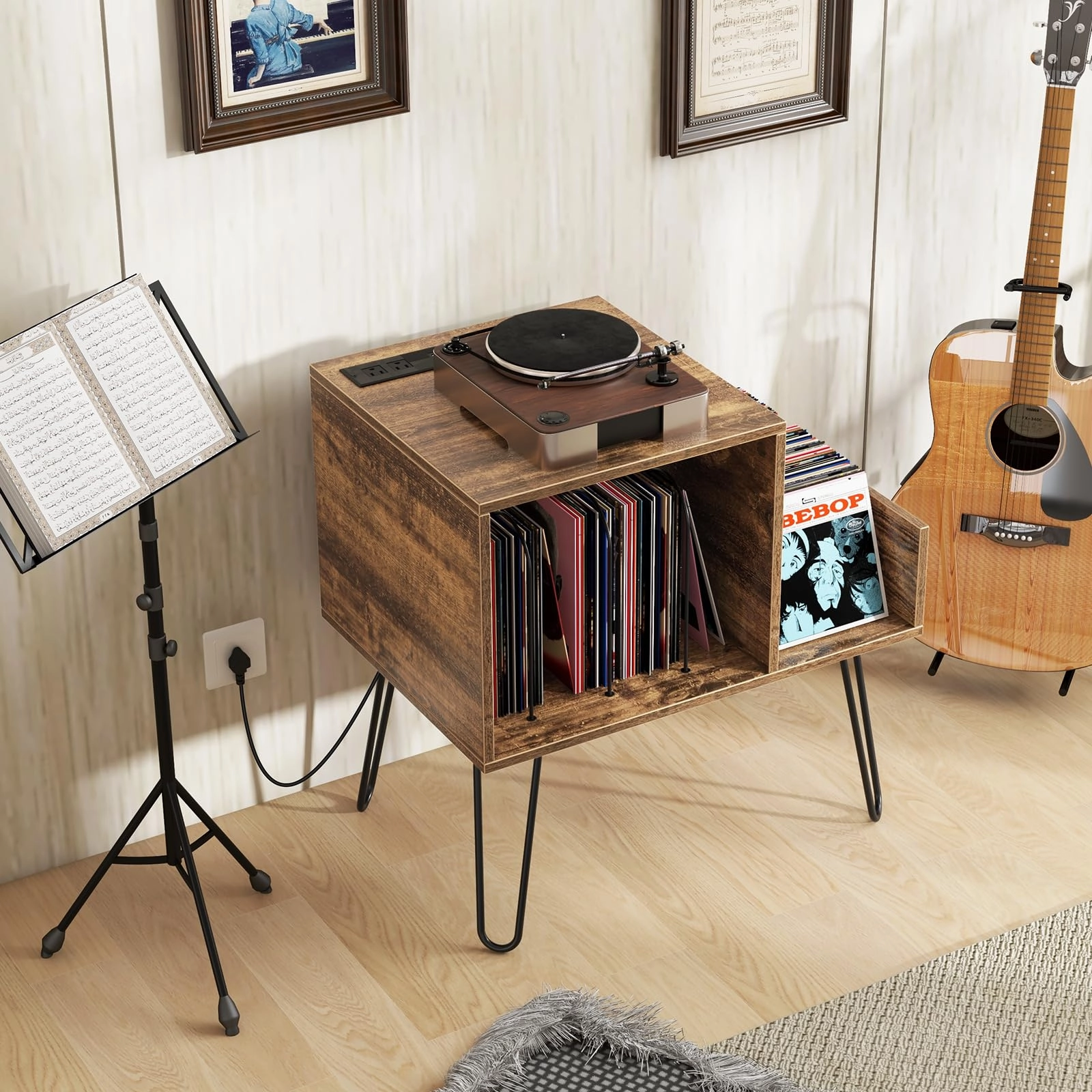Giantex Record Player Stand with Charging Station, Turntable Stand with Vinyl Divider & Display Shelf