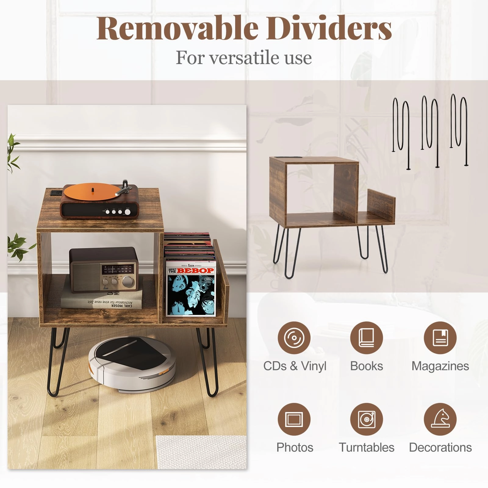 Giantex Record Player Stand with Charging Station, Turntable Stand with Vinyl Divider & Display Shelf