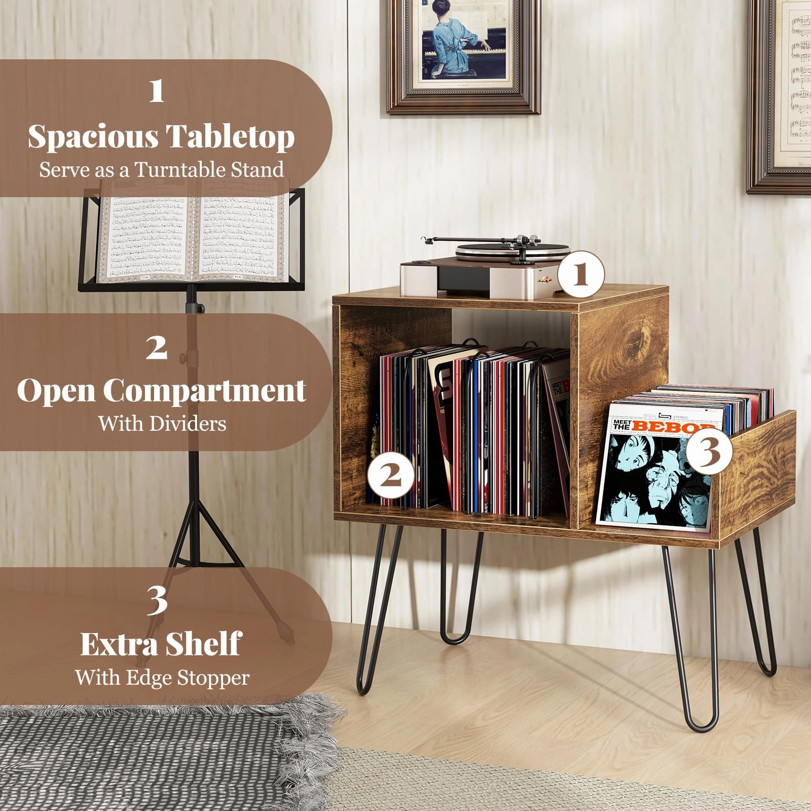 Giantex Record Player Stand with Charging Station, Turntable Stand with Vinyl Divider & Display Shelf
