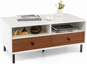 Giantex Rectangular Coffee Table with Storage, 2 Tier Wood Tea Table with 2 Drawers throw pillow, fuzzy blanket