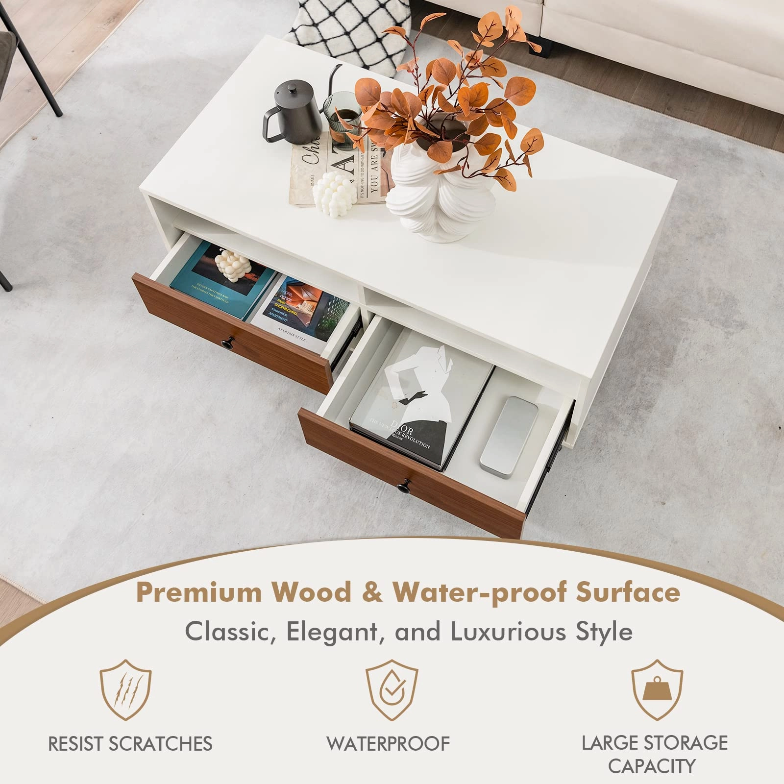 Giantex Rectangular Coffee Table with Storage, 2 Tier Wood Tea Table with 2 Drawers