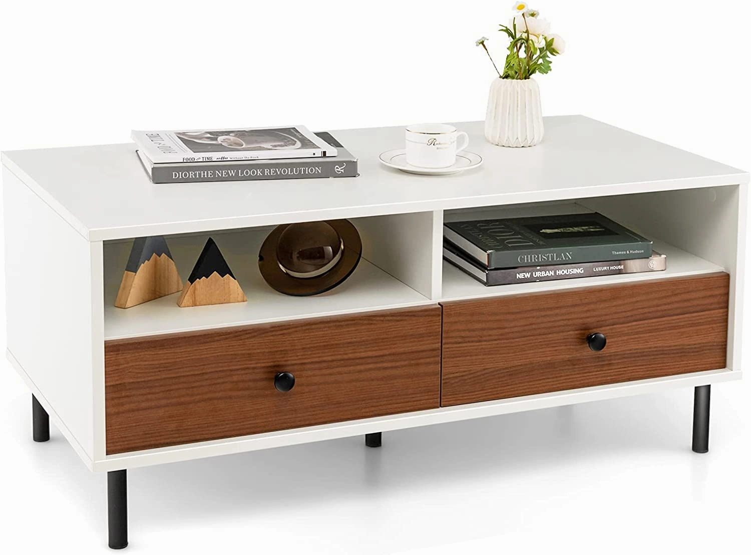 Giantex Rectangular Coffee Table with Storage, 2 Tier Wood Tea Table with 2 Drawers console table, hallway table