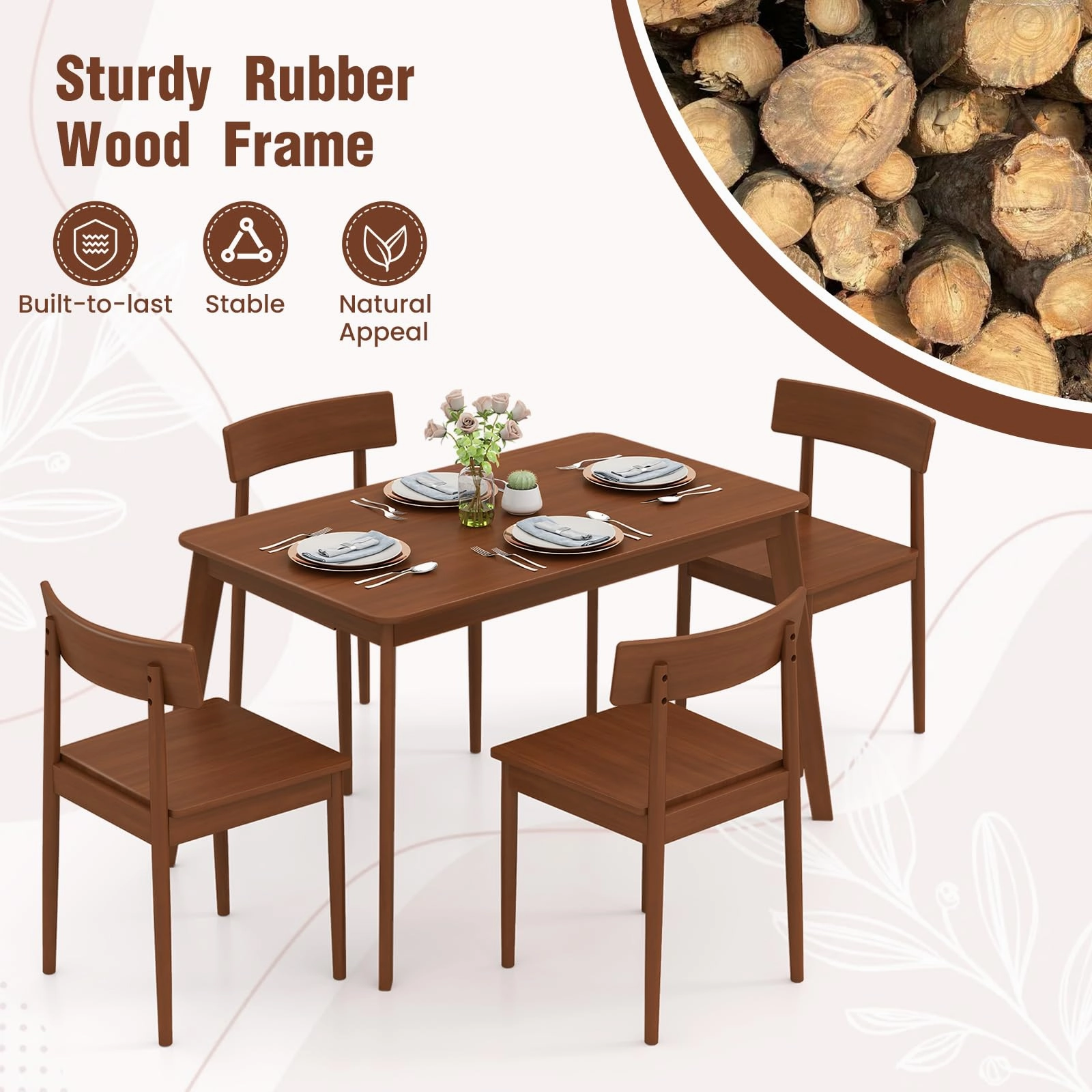 Giantex Rectangular Kitchen Table and 4 Chairs Set with Rubber Wood Frame