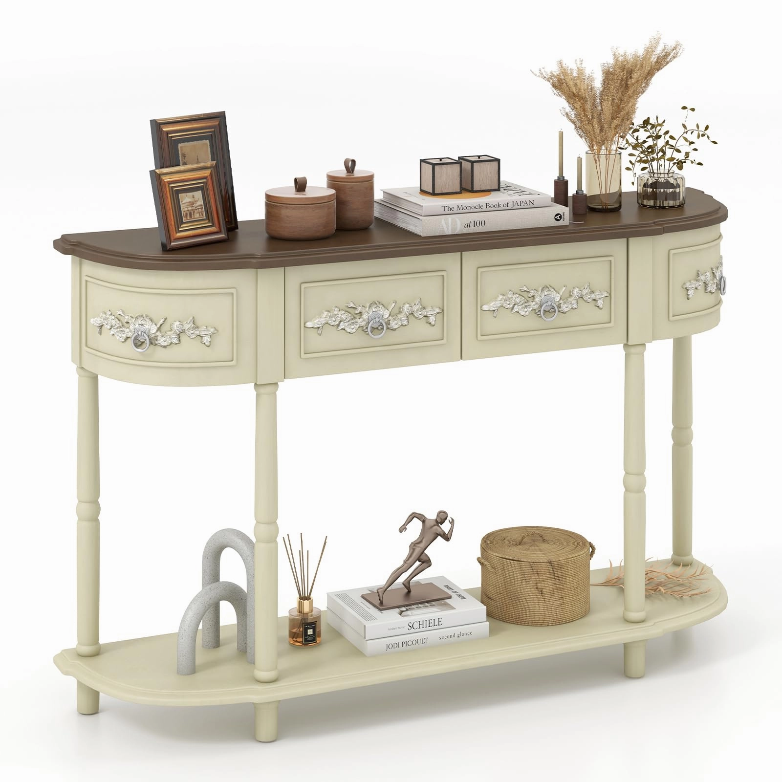 Giantex Retro Console Table with Drawers, 52" Long Narrow Sofa Table w/Open Shelf cowhide rug, animal hide rug