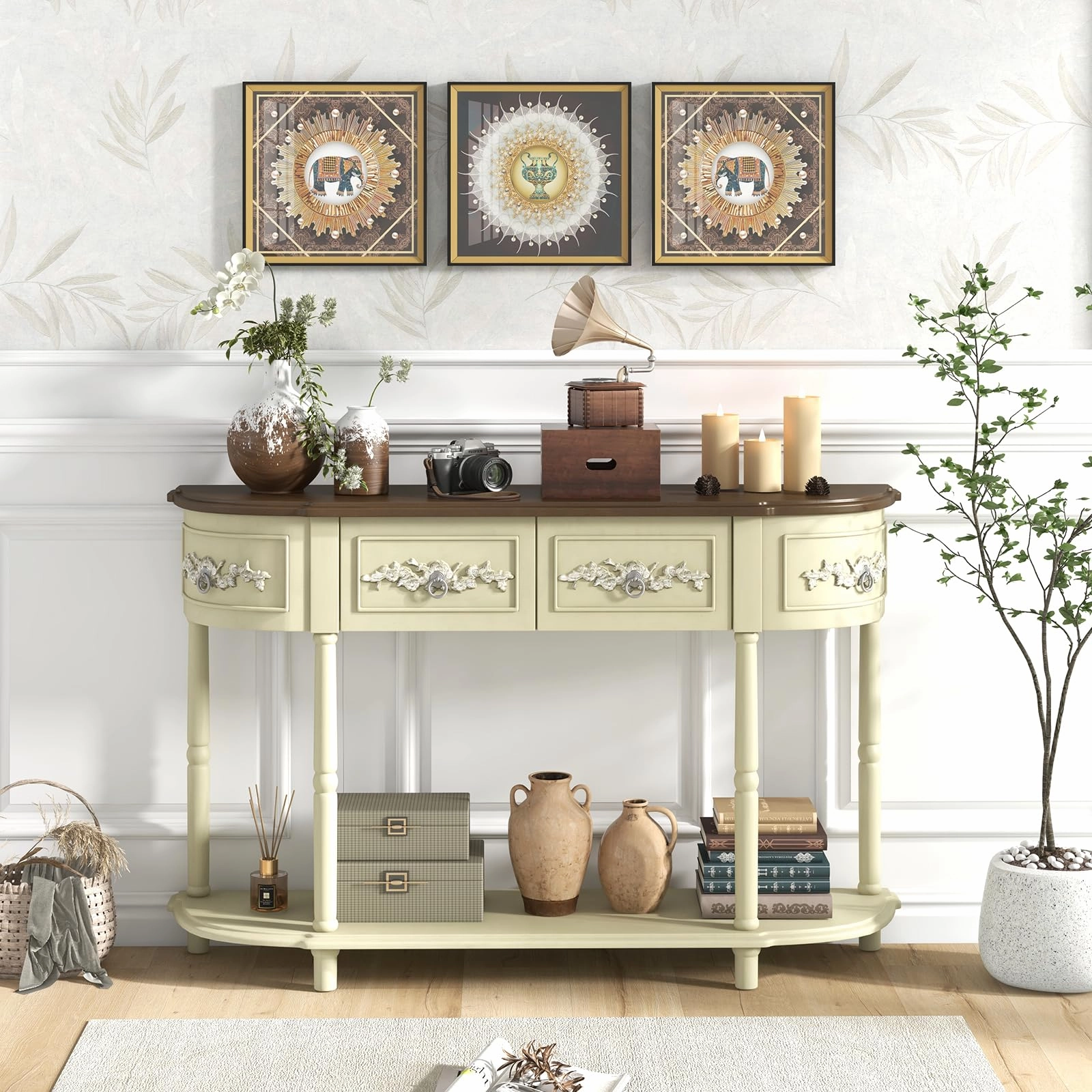 Giantex Retro Console Table with Drawers, 52" Long Narrow Sofa Table w/Open Shelf