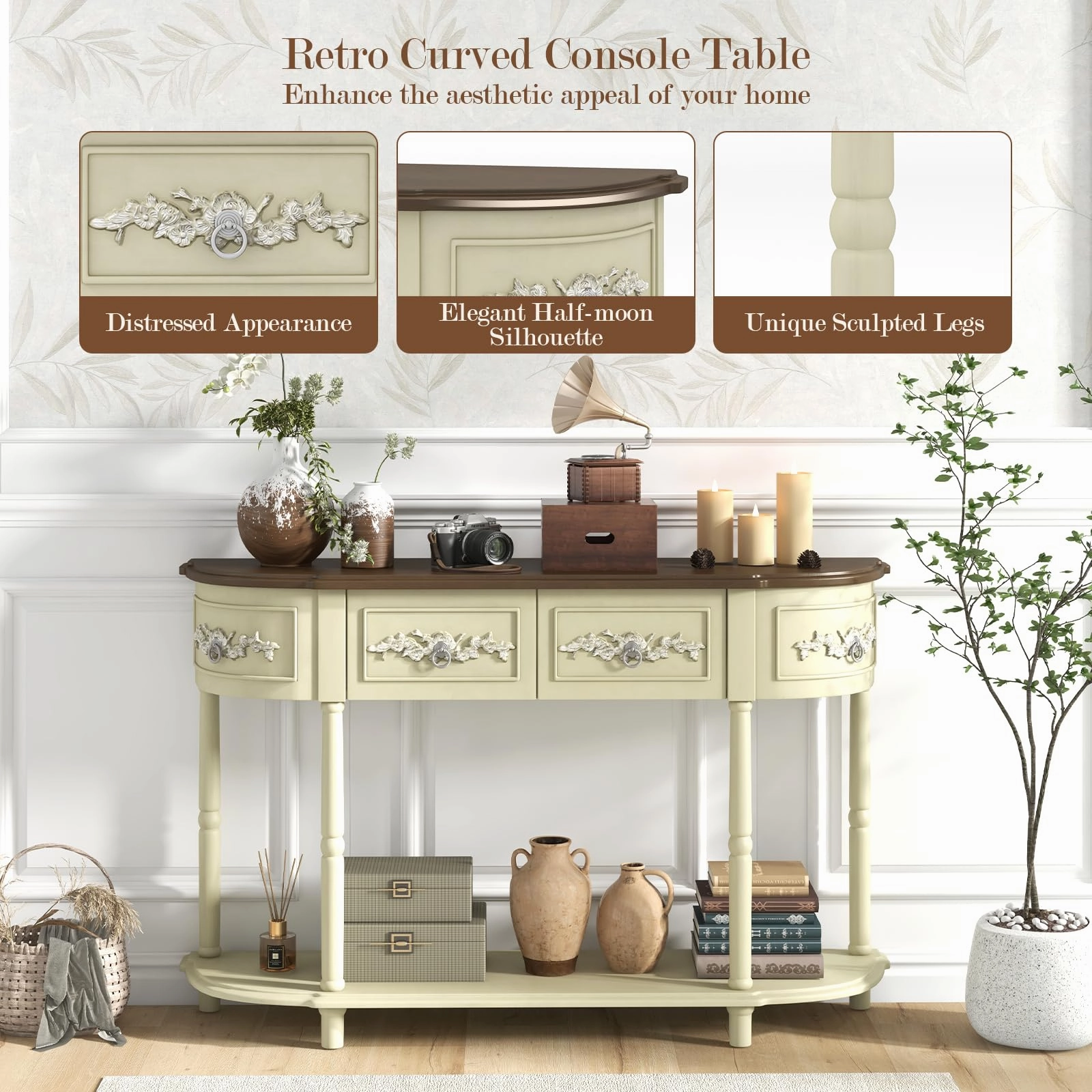 Giantex Retro Console Table with Drawers, 52" Long Narrow Sofa Table w/Open Shelf