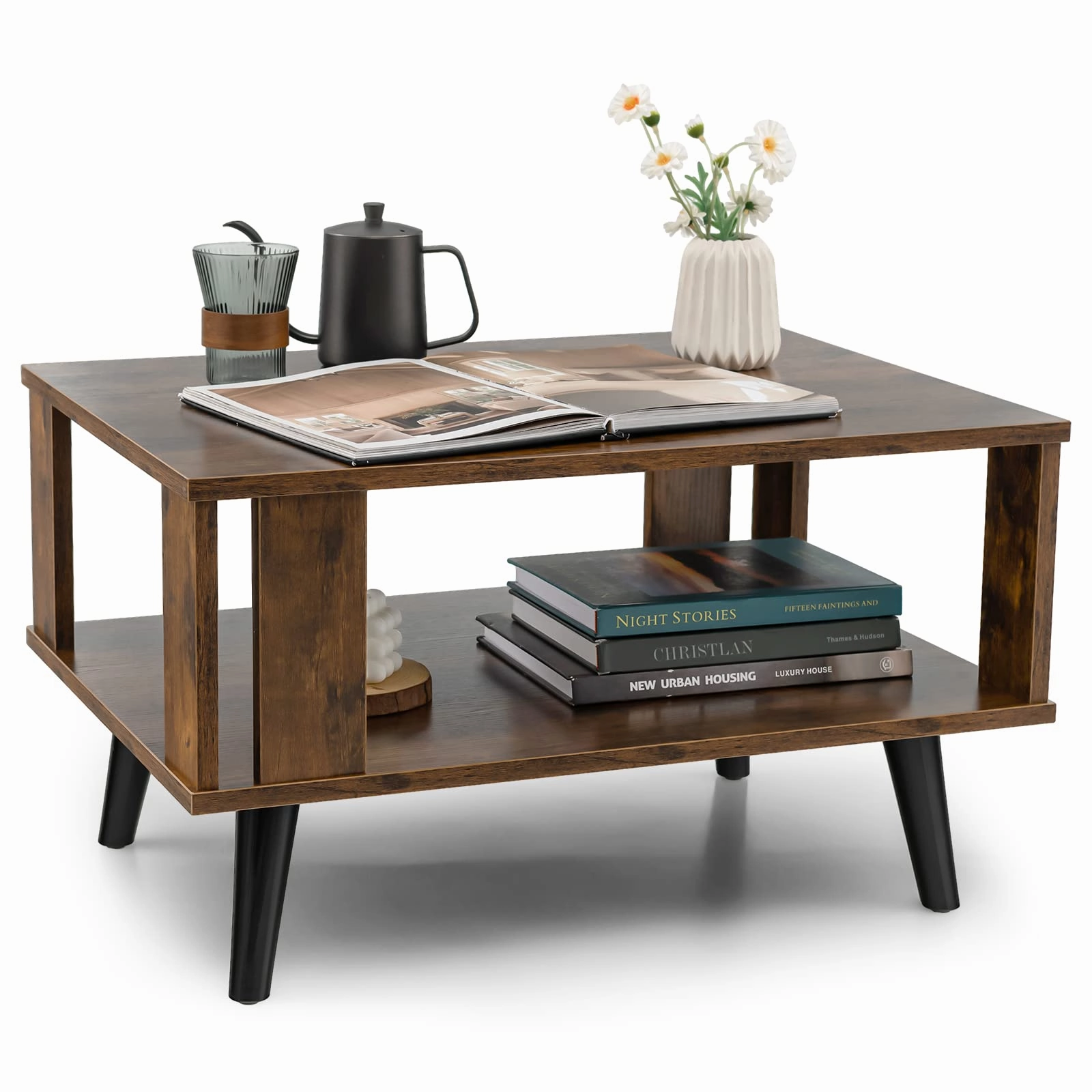 Giantex Retro Wood Coffee Table, 2-Tier Tea Table w/Open Storage Shelf & Supportive Legs throw pillow, fuzzy blanket