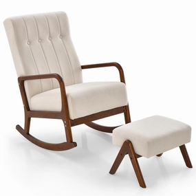 Giantex Rocking Chair with Ottoman, Upholstered Rocker Chair with Solid Rubber Wood Frame recliner chair, sleeper chair