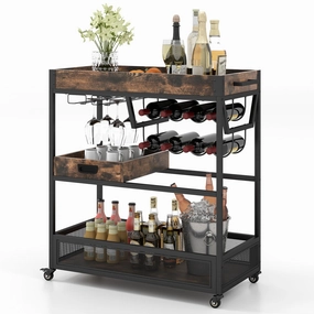 Giantex Rolling Bar Cart, 3-Tier Industrial Buffet Serving Cart with Wine Rack, Stemware Rack & Removable Tray kitchen towel, placemats