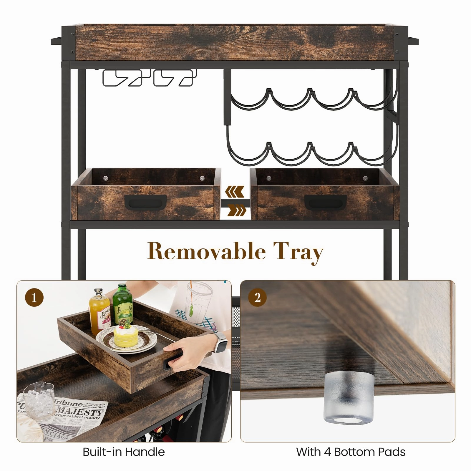 Giantex Rolling Bar Cart, 3-Tier Industrial Buffet Serving Cart with Wine Rack, Stemware Rack & Removable Tray