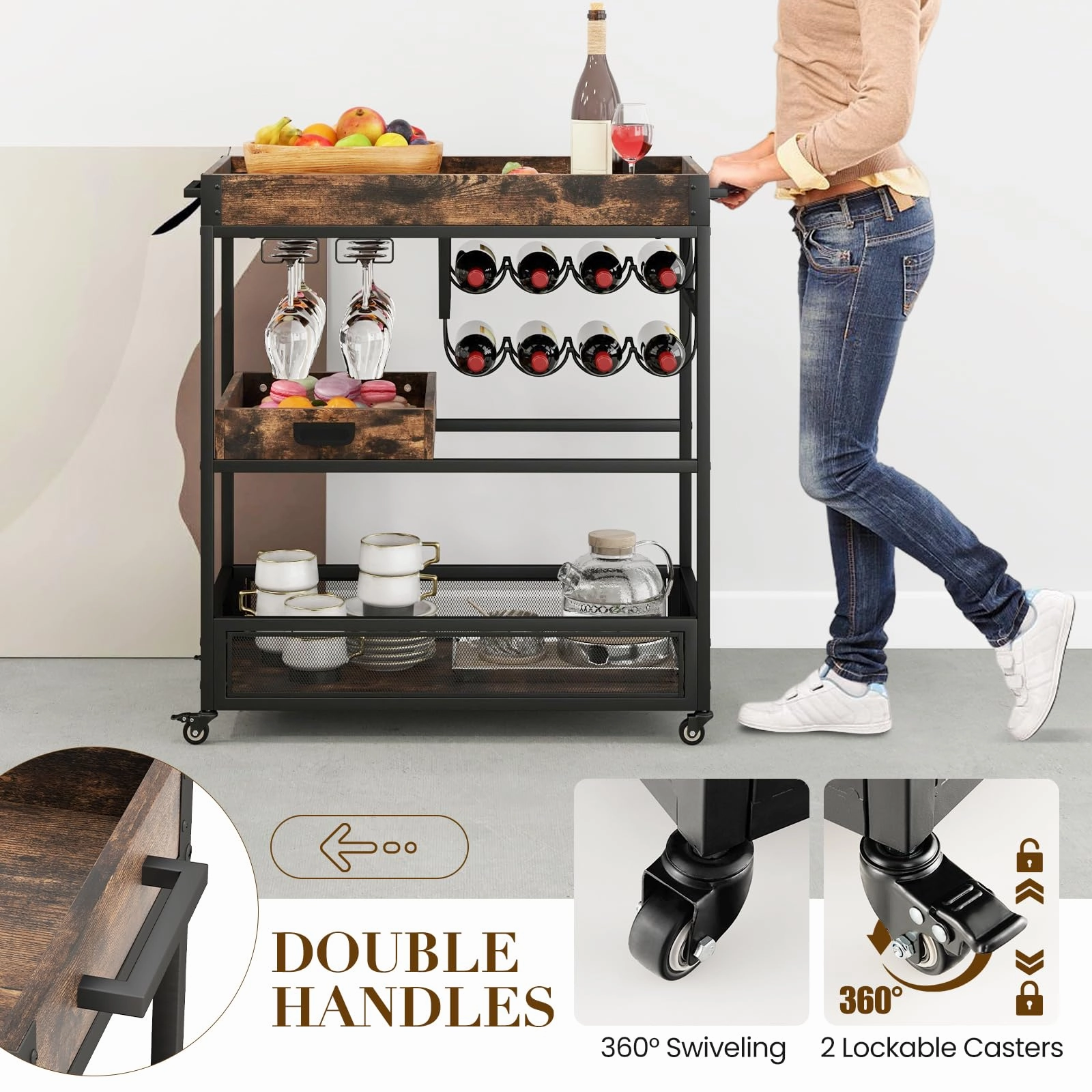 Giantex Rolling Bar Cart, 3-Tier Industrial Buffet Serving Cart with Wine Rack, Stemware Rack & Removable Tray