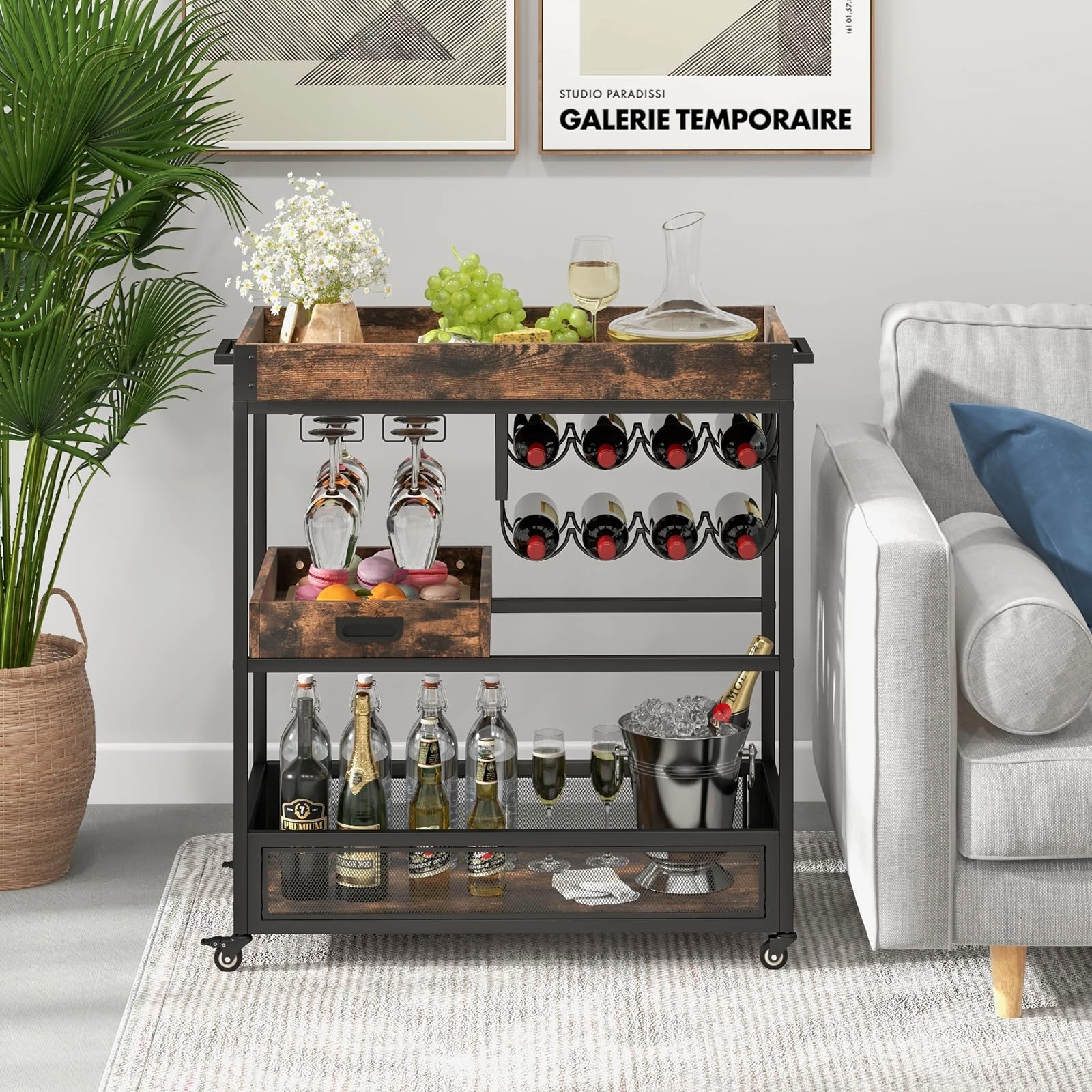 Giantex Rolling Bar Cart, 3-Tier Industrial Buffet Serving Cart with Wine Rack, Stemware Rack & Removable Tray