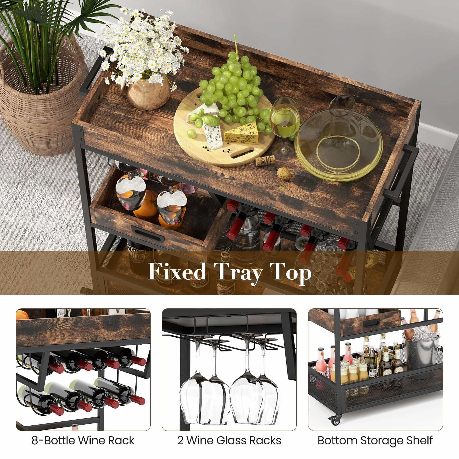 Giantex Rolling Bar Cart, 3-Tier Industrial Buffet Serving Cart with Wine Rack, Stemware Rack & Removable Tray