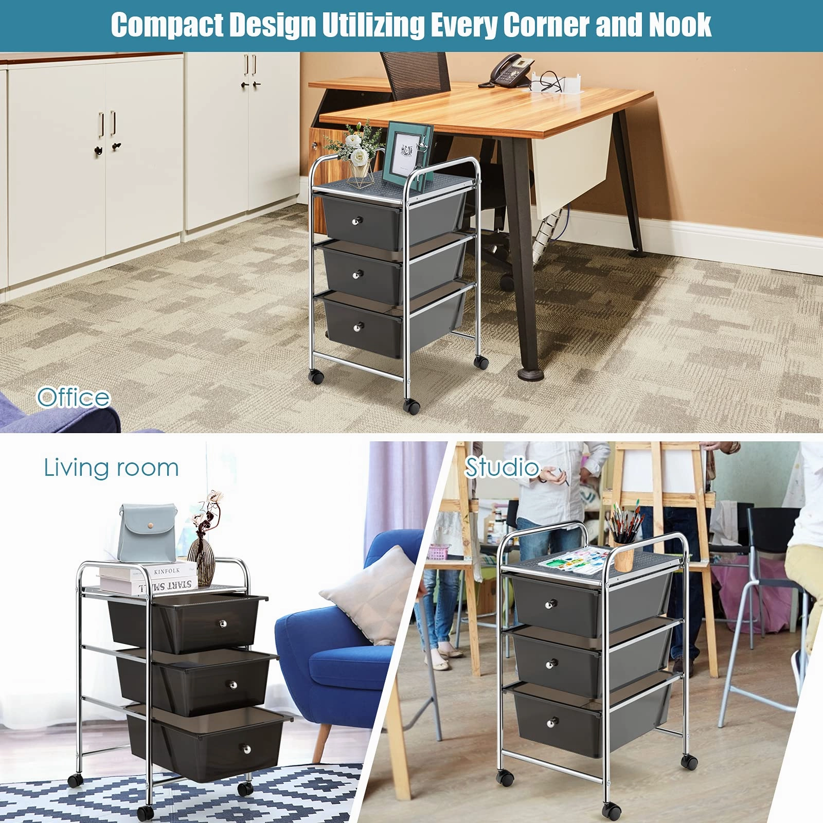Giantex Rolling Cart with Drawers, Craft Organizer with Wheels, 3 Drawer Storage Container Bins