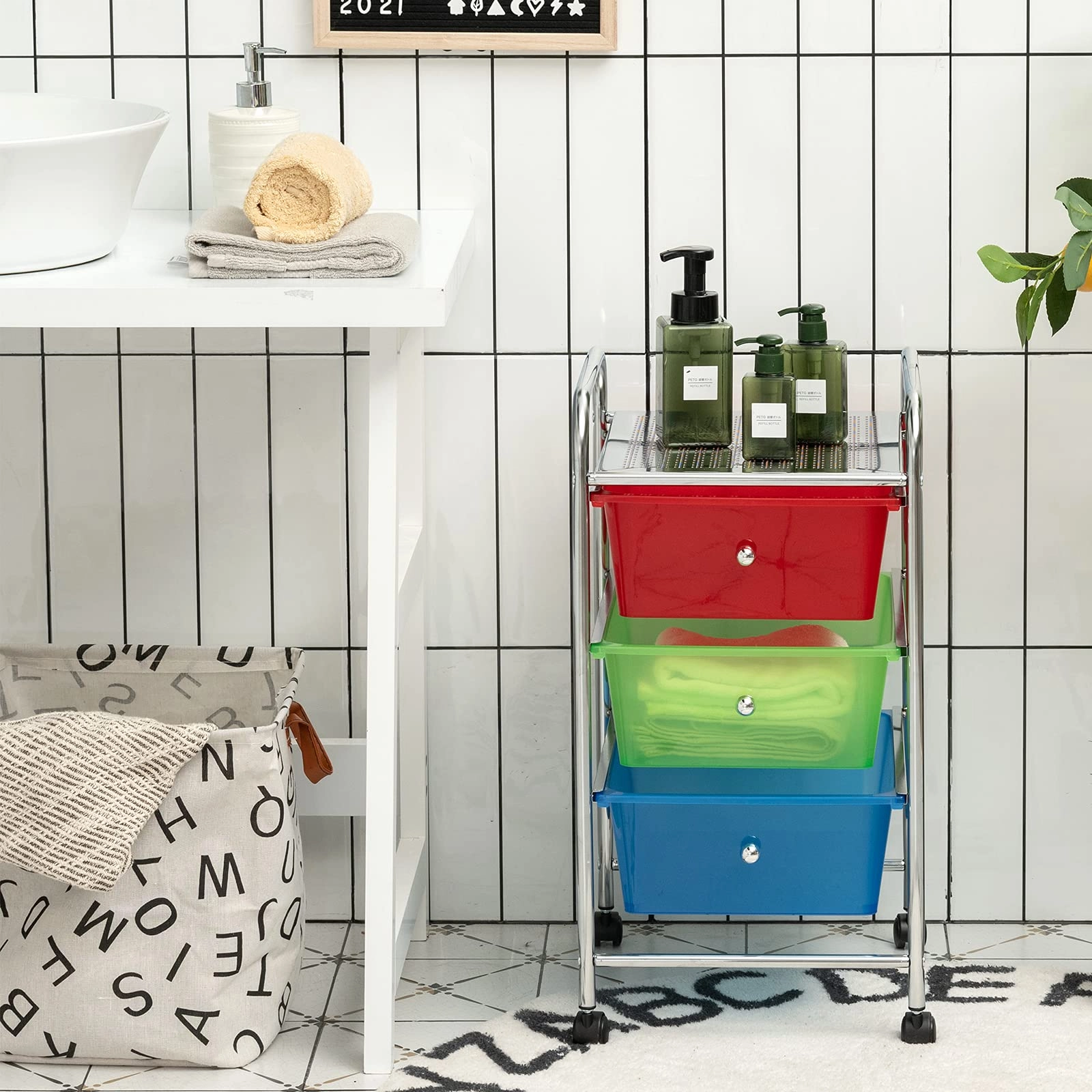 Giantex Rolling Cart with Drawers, Craft Organizer with Wheels, 3 Drawer Storage Container Bins