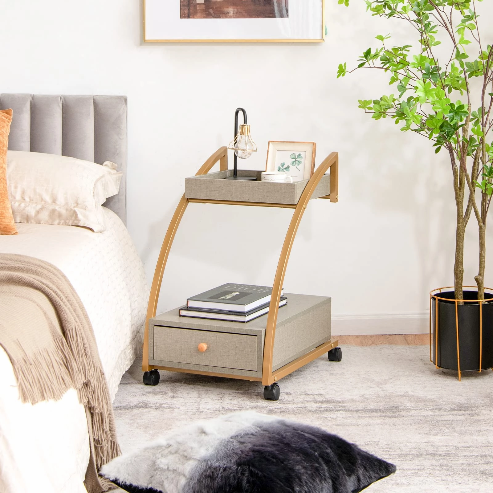 Giantex Rolling Side Table, 2-Tier End Table w/Drawer