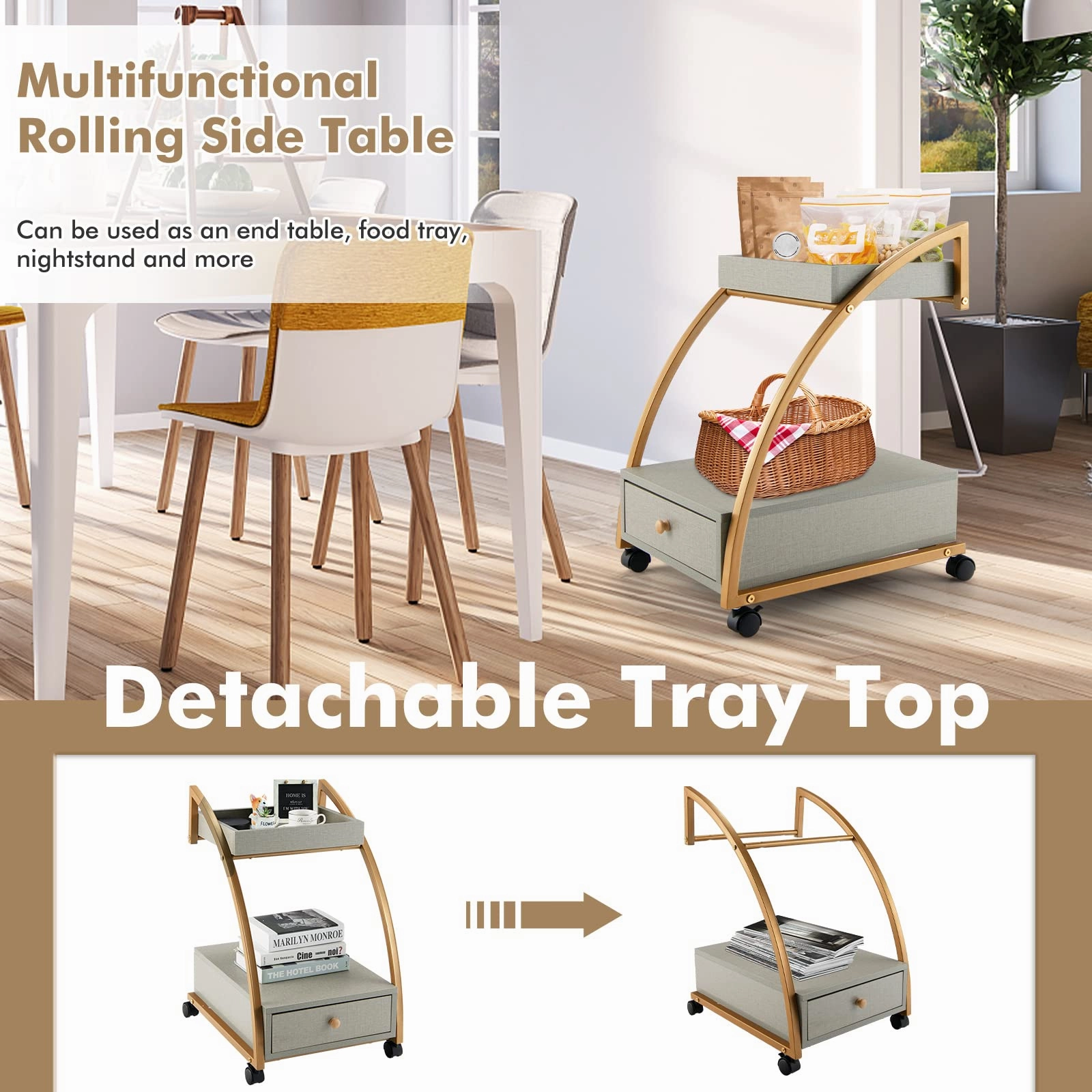 Giantex Rolling Side Table, 2-Tier End Table w/Drawer