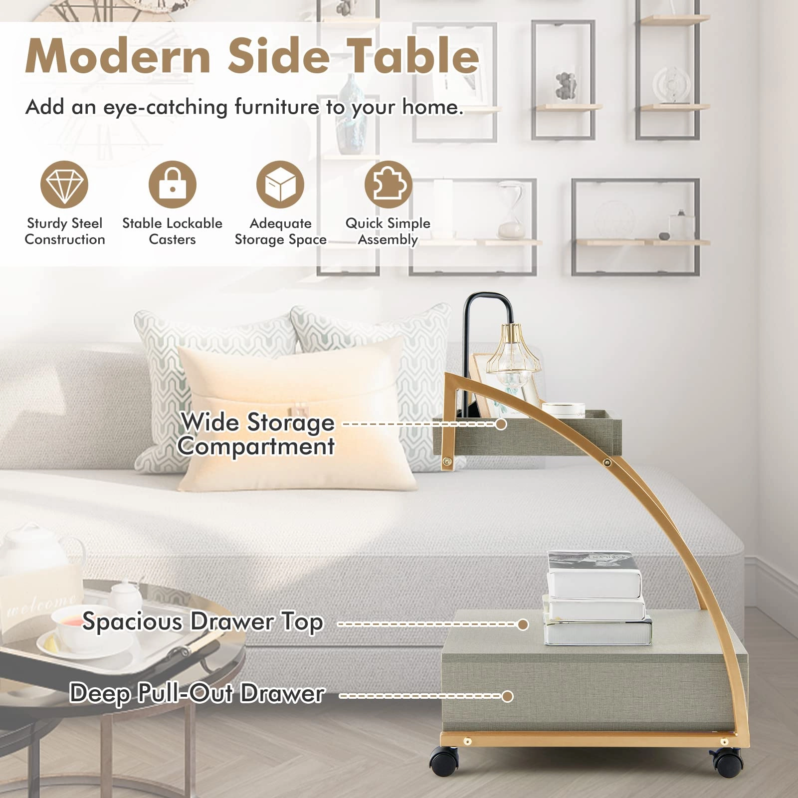 Giantex Rolling Side Table, 2-Tier End Table w/Drawer