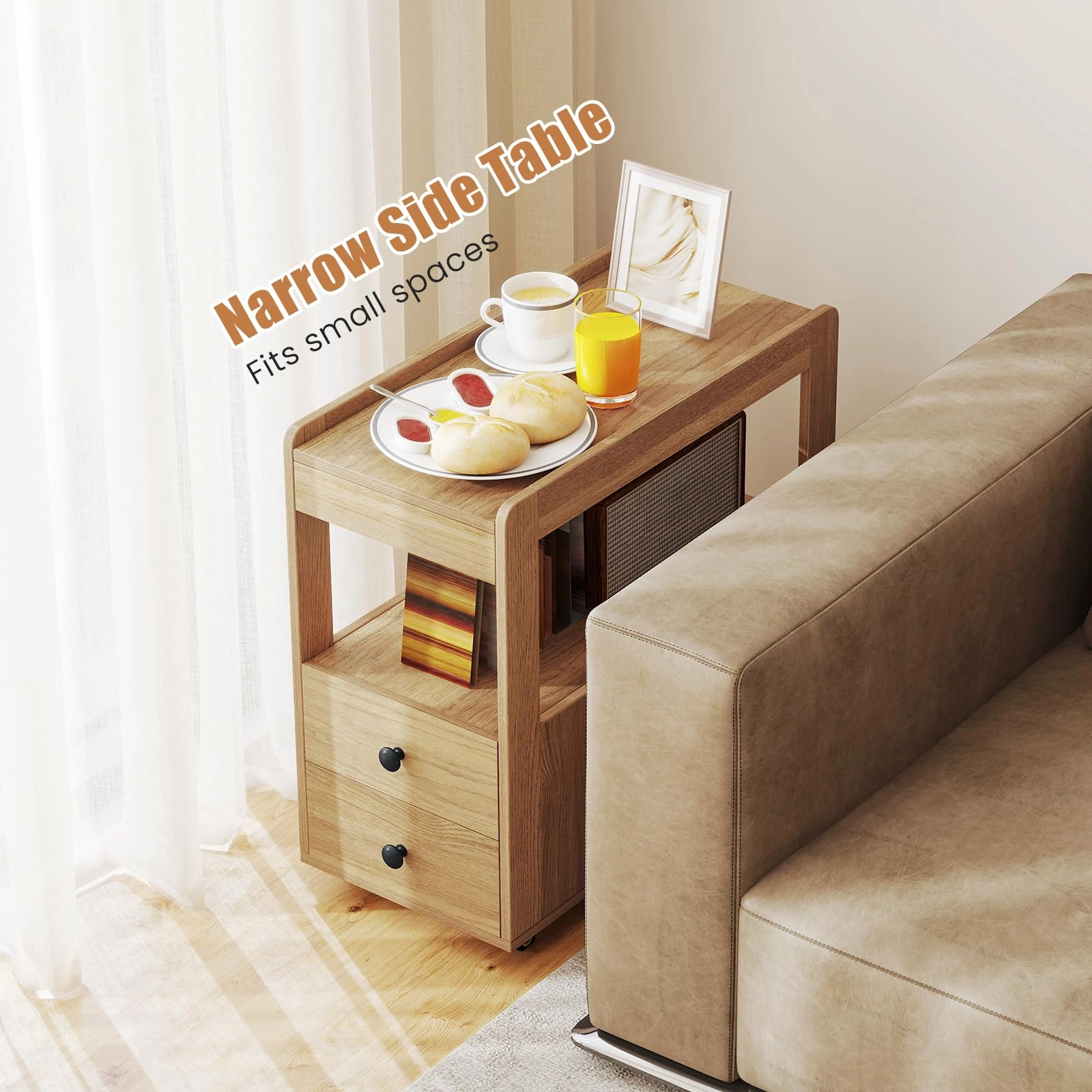 Giantex Rolling Side Table with Storage for Small Spaces Living Room Bedroom