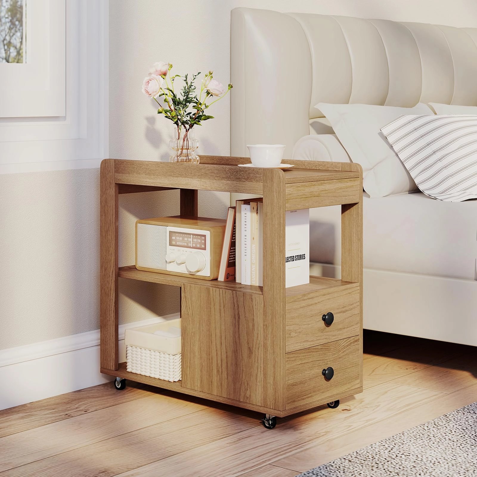 Giantex Rolling Side Table with Storage for Small Spaces Living Room Bedroom