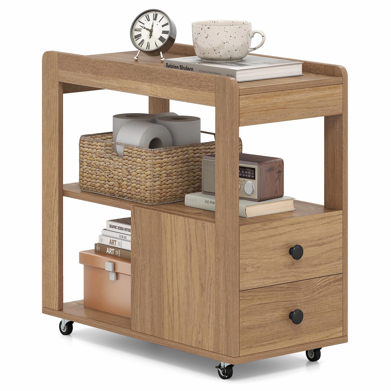 Giantex Rolling Side Table with Storage for Small Spaces Living Room Bedroom throw pillow, fuzzy blanket