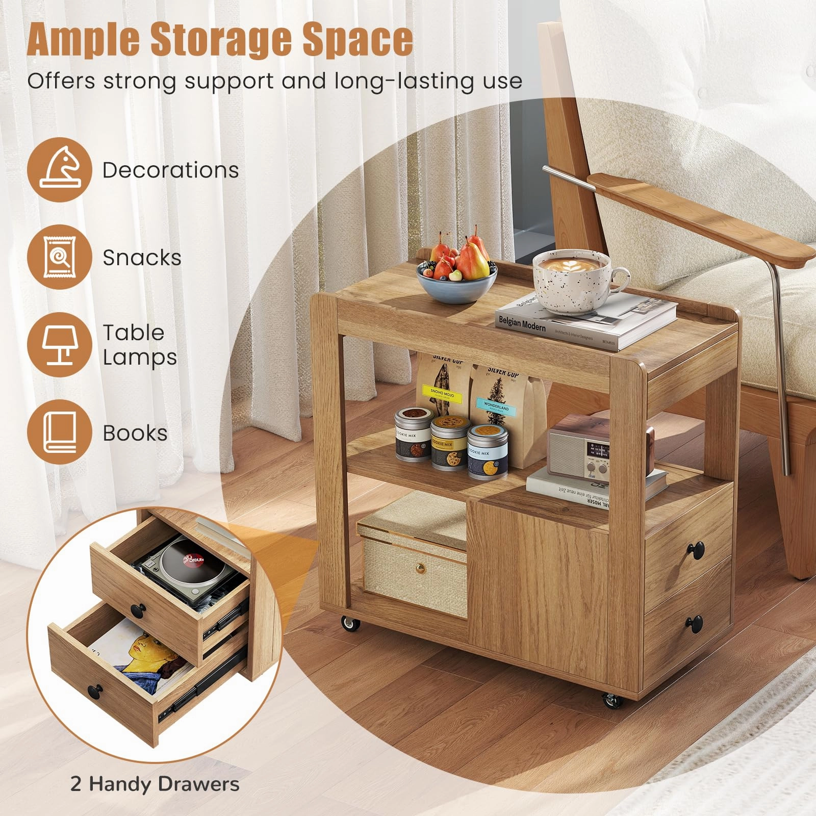 Giantex Rolling Side Table with Storage for Small Spaces Living Room Bedroom