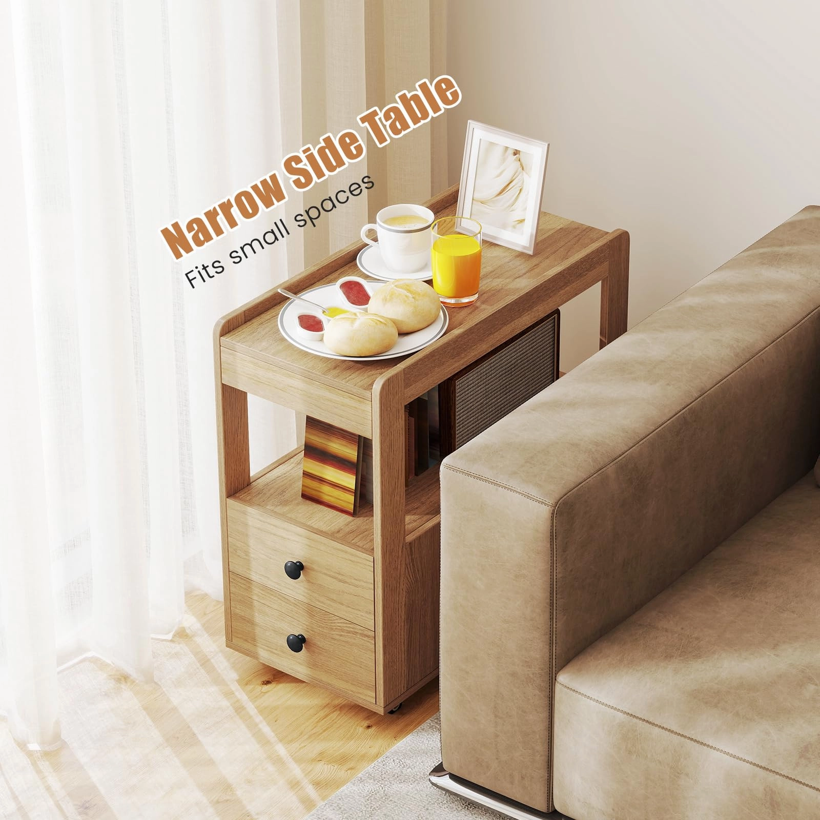 Giantex Rolling Side Table with Storage for Small Spaces Living Room Bedroom