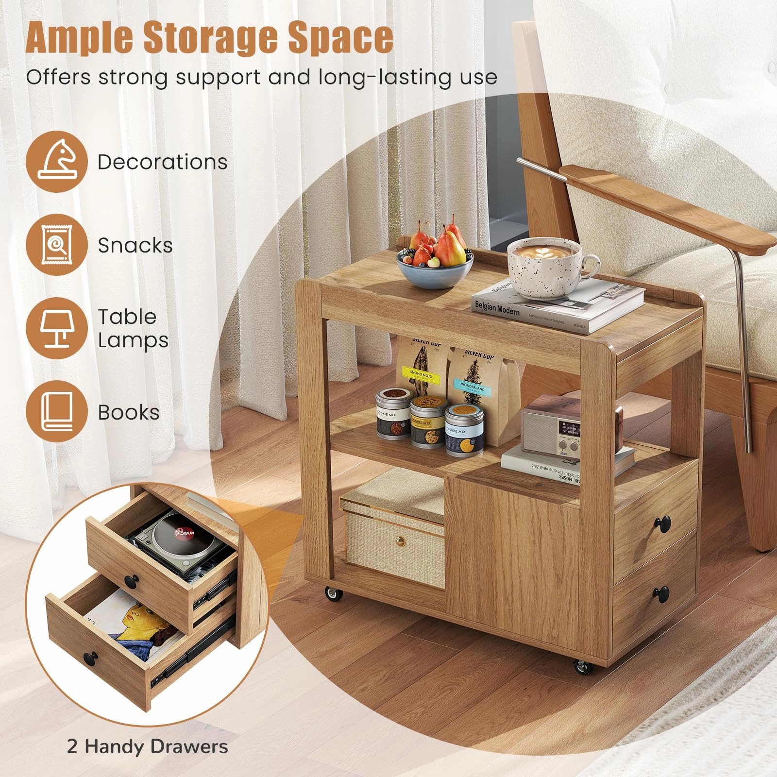Giantex Rolling Side Table with Storage for Small Spaces Living Room Bedroom