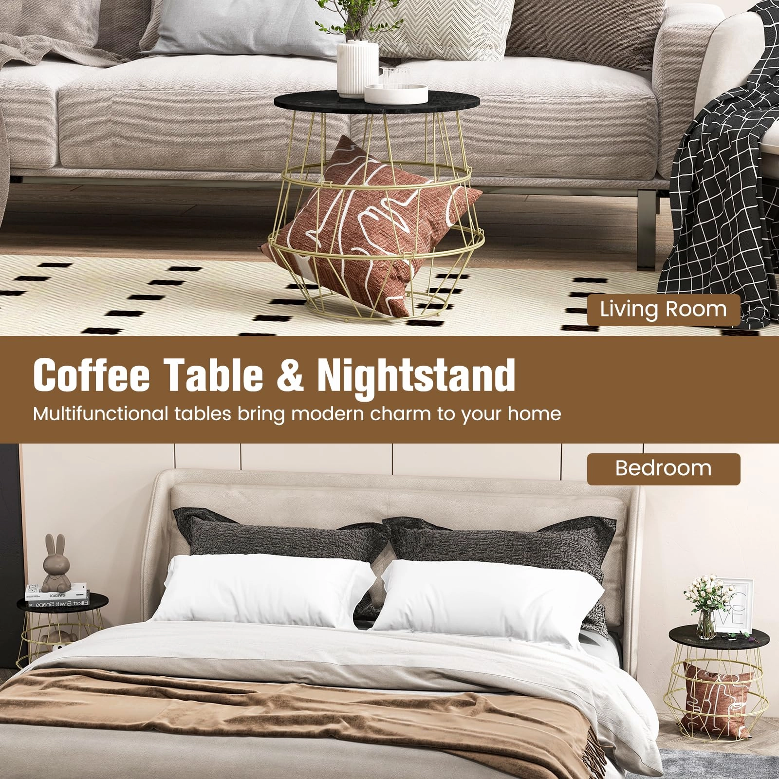 Giantex Round Coffee Table, Faux Marble Side End Table with Gold Metal Frame & Removeable Top