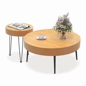 Giantex Round Coffee Table Set of 2 - Sofa Side Nesting Table w/Solid Pine Wood Top console table, hallway table