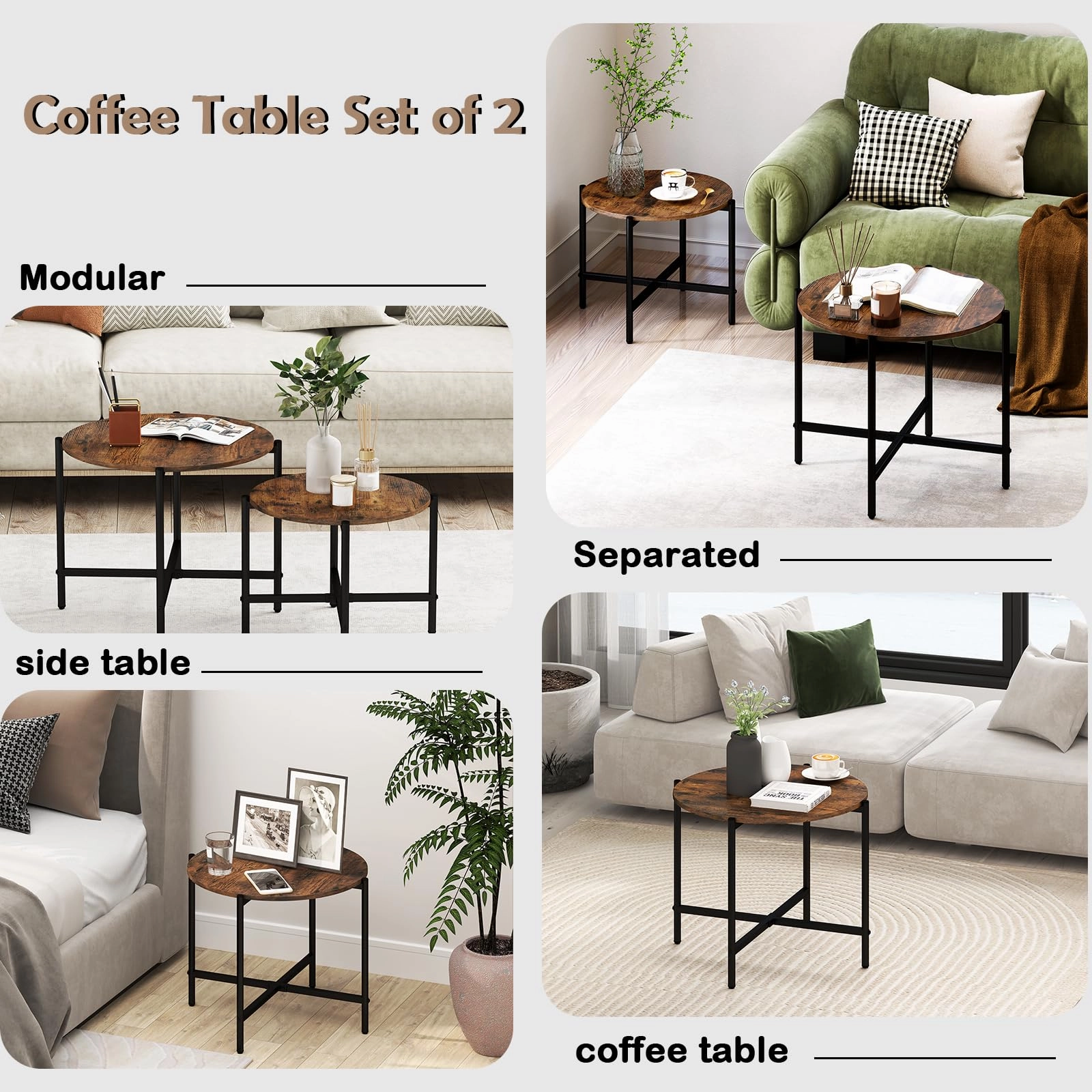 Giantex Round Coffee Table Set of 2, Nesting Tables with Metal Frame, Imitated Wood Grain Top