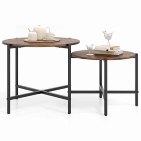Giantex Round Coffee Table Set of 2, Nesting Tables with Metal Frame, Imitated Wood Grain Top console table, hallway table