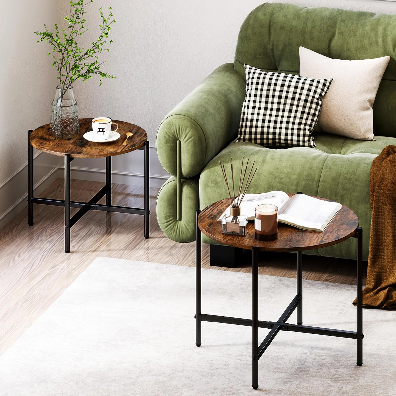 Giantex Round Coffee Table Set of 2, Nesting Tables with Metal Frame, Imitated Wood Grain Top