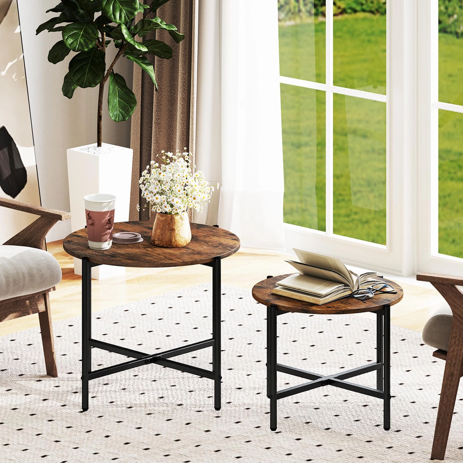 Giantex Round Coffee Table Set of 2, Nesting Tables with Metal Frame, Imitated Wood Grain Top