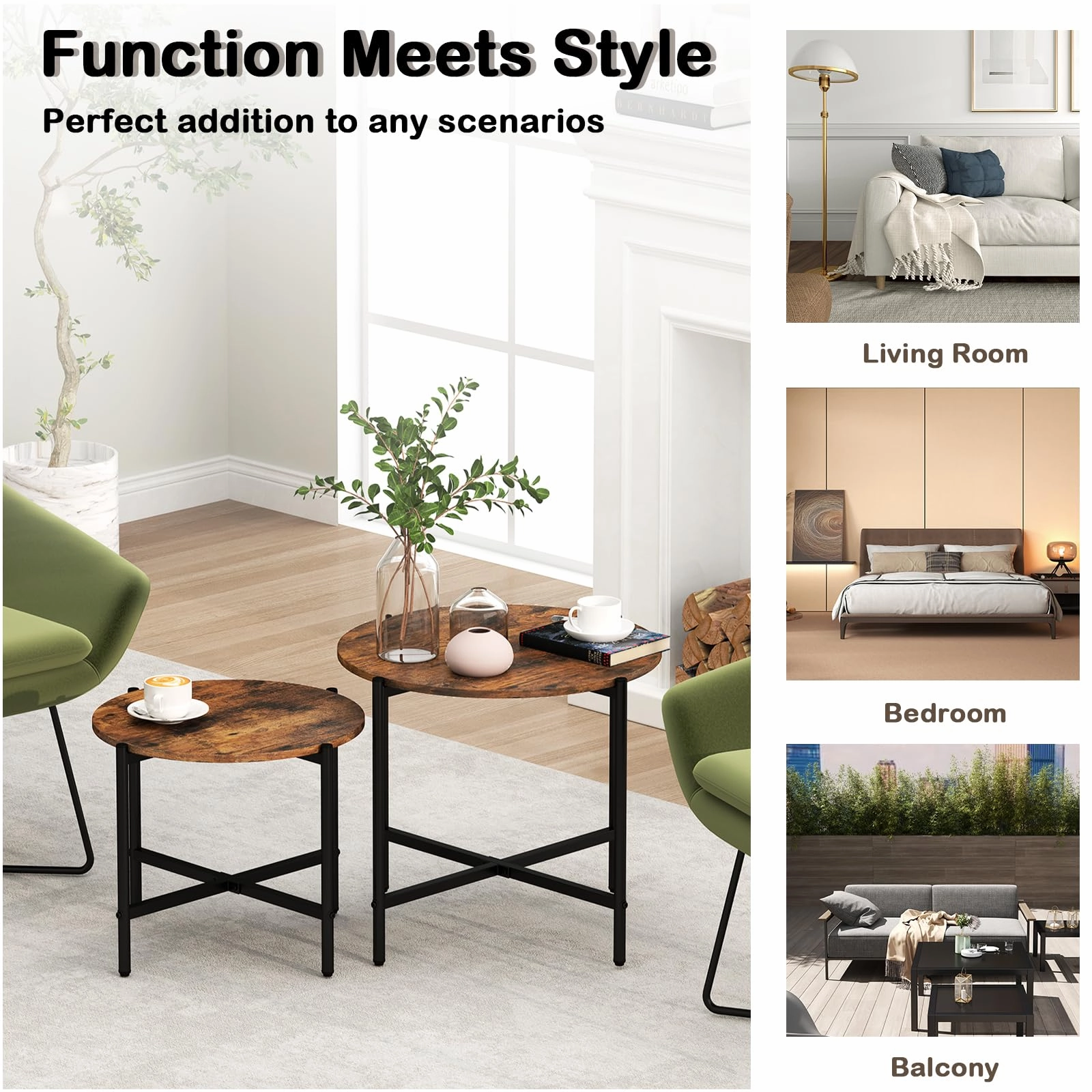 Giantex Round Coffee Table Set of 2, Nesting Tables with Metal Frame, Imitated Wood Grain Top