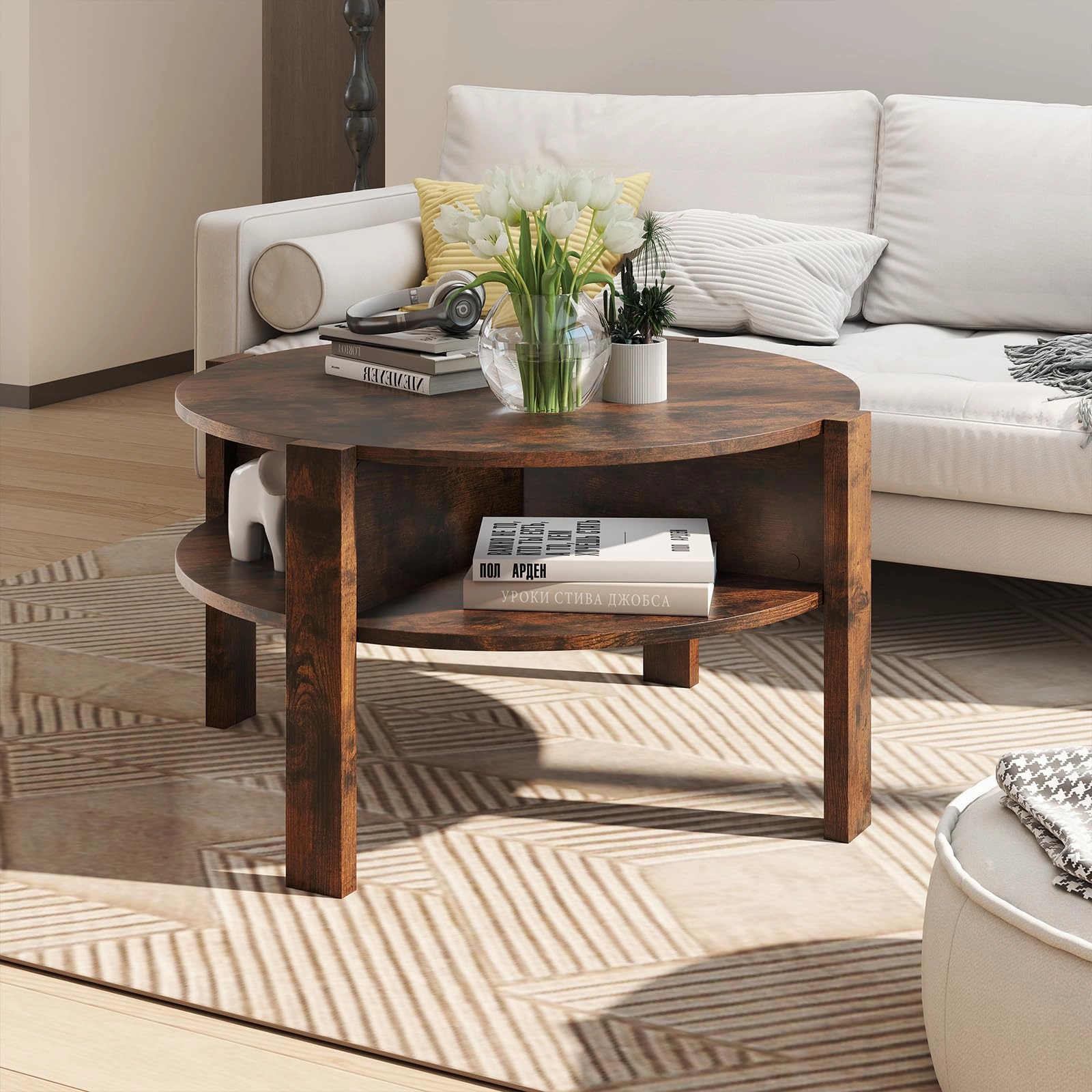 Giantex Round Coffee Table with Storage Shelves