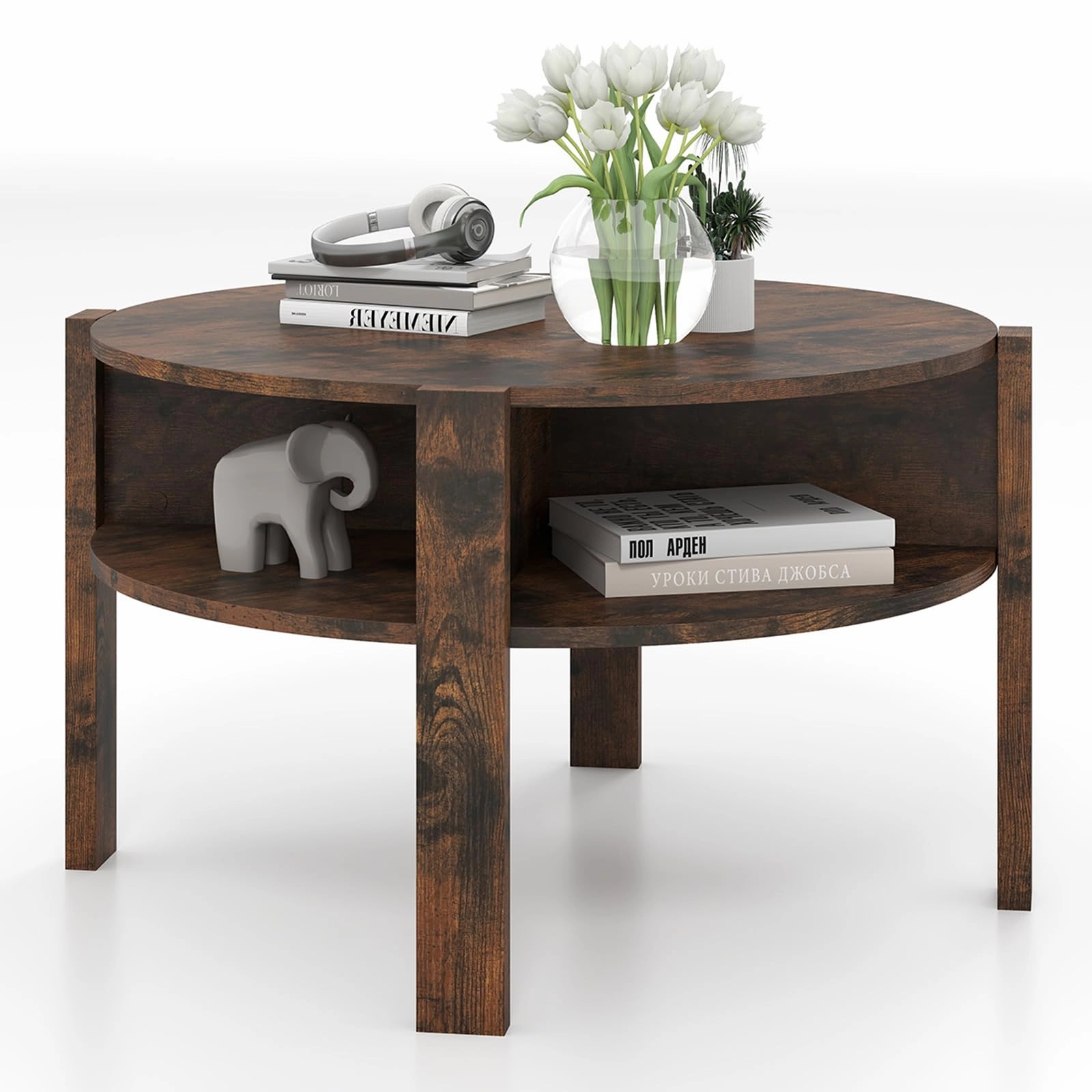 Giantex Round Coffee Table with Storage Shelves