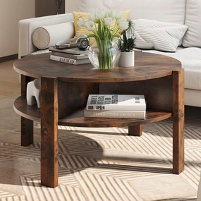 Giantex Round Coffee Table with Storage Shelves throw pillow, fuzzy blanket