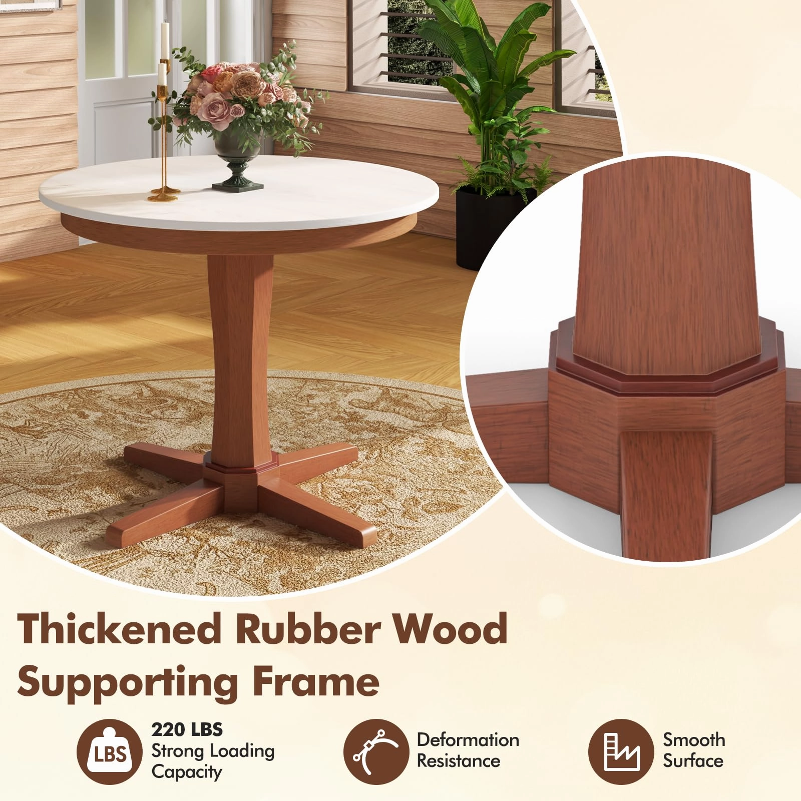 Giantex Round Dining Table, 36 Kitchen Table with Base, Solid Rubber Wood Frame, Breakfast Table for 4 People
