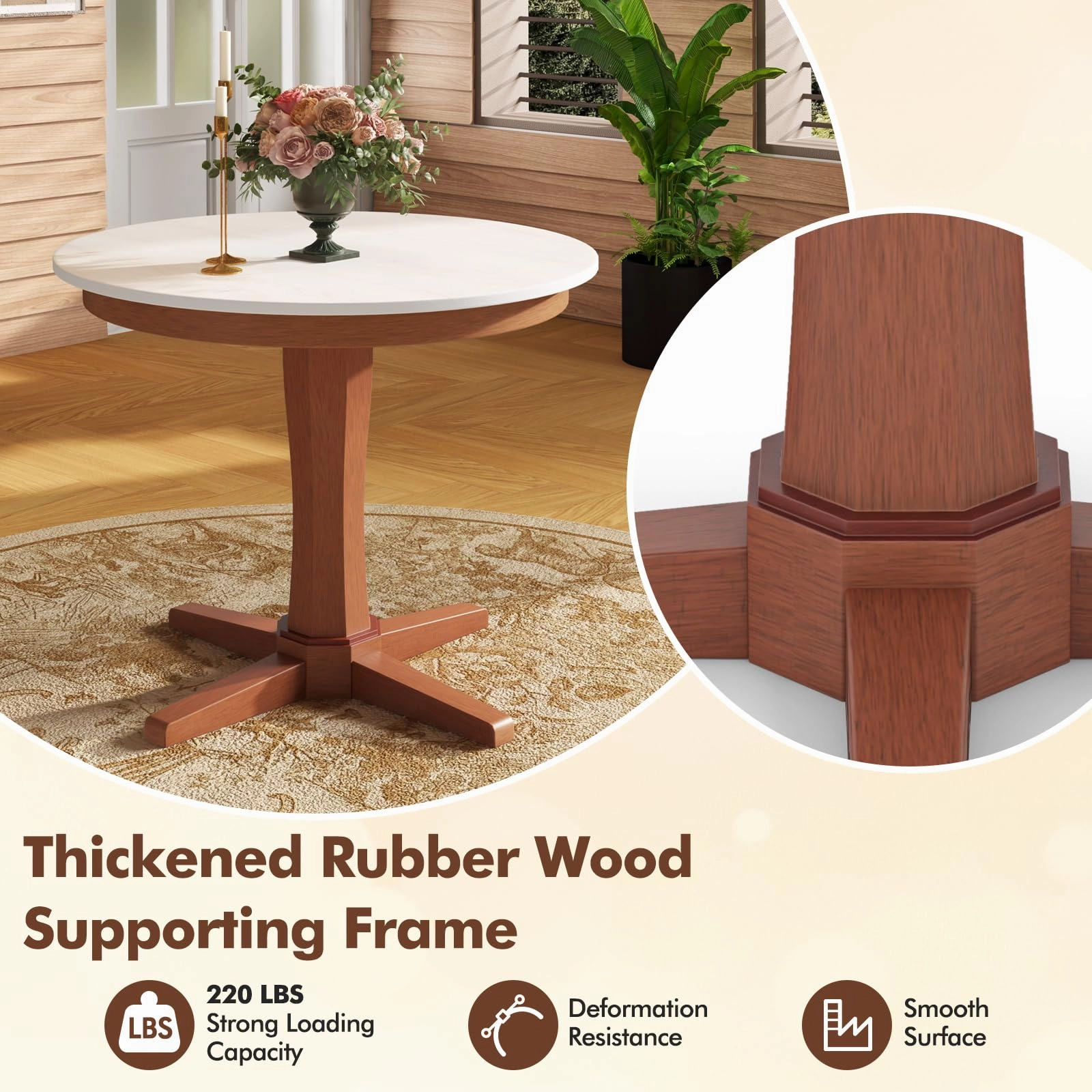 Giantex Round Dining Table, 36 Kitchen Table with Base, Solid Rubber Wood Frame, Breakfast Table for 4 People