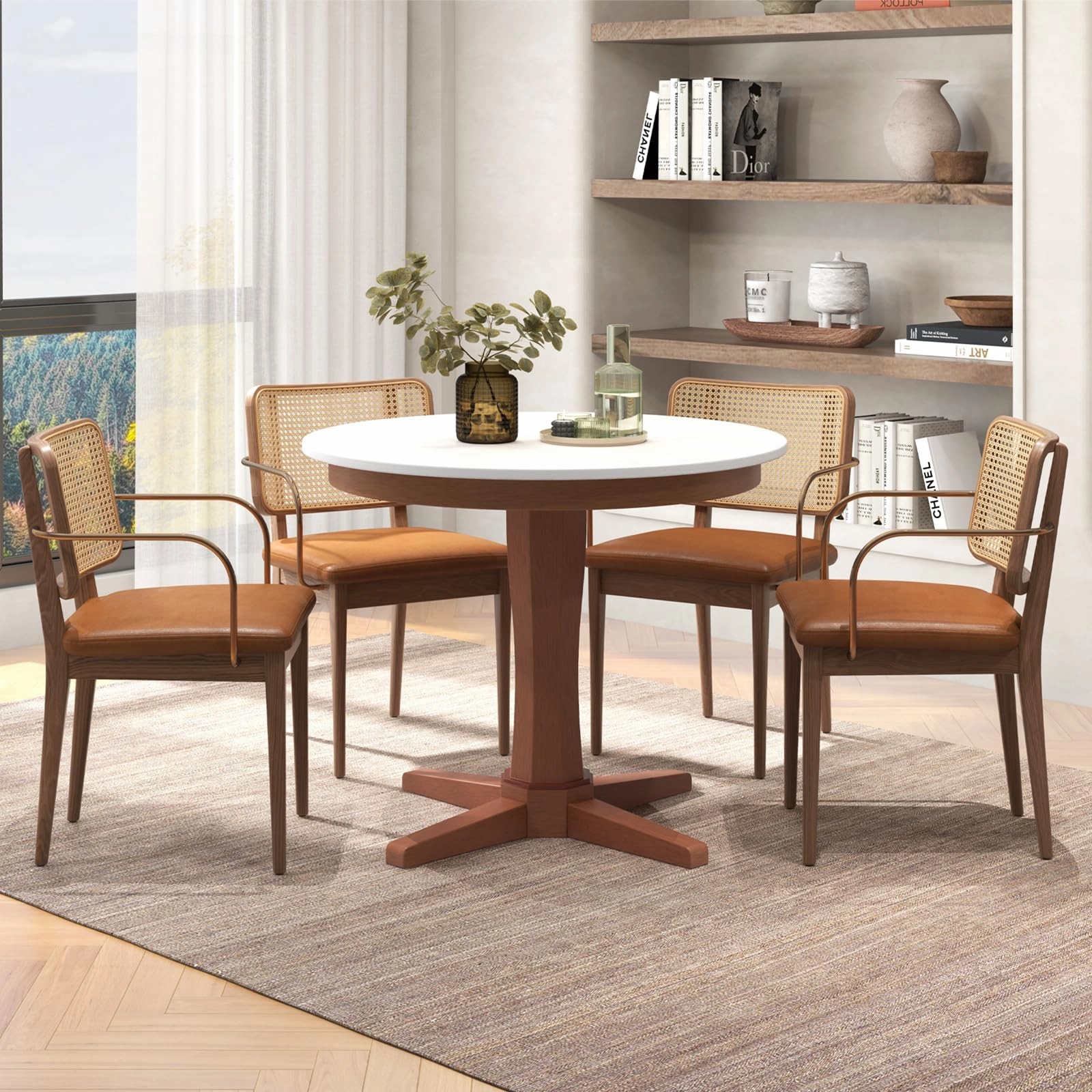 Giantex Round Dining Table, 36 Kitchen Table with Base, Solid Rubber Wood Frame, Breakfast Table for 4 People