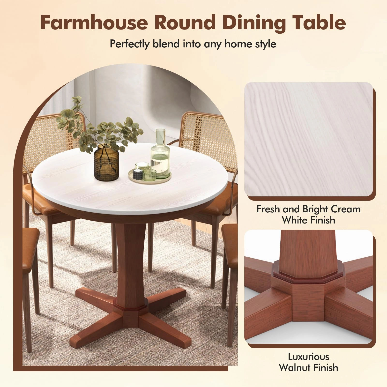 Giantex Round Dining Table, 36 Kitchen Table with Base, Solid Rubber Wood Frame, Breakfast Table for 4 People